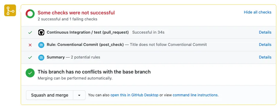 A post_check check-run in a GitHub pull request's checks list, flagging a title that breaks Conventional Commit